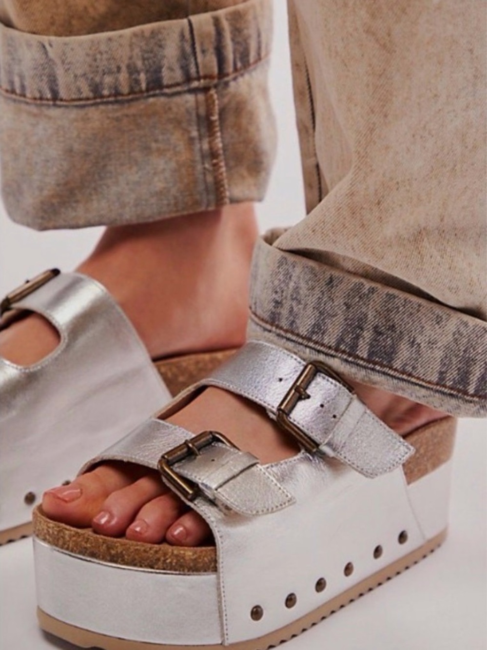 Free People Silver Metallic Double Buckle Clog Mules